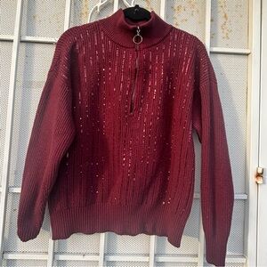 Nine West size M knit rib Sweater 1/4 front zip long sleeves stretch deep plum.